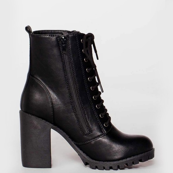 NEW🔥 Lace-Up Combat Moto Ankle Booties Boot Lug Platform Chunky Block High Heel - Picture 5 of 5